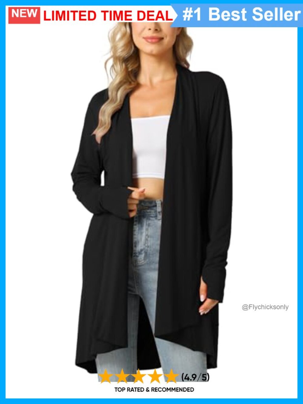Bamboo Viscose Open Front Lightweight Jersey Cardigan W Thumbholes